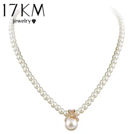 17KM Korean Fashion Imitation Pearls Cute Rhinestone Pendant Necklace Hot Sale Jewelry For Women Wholesale