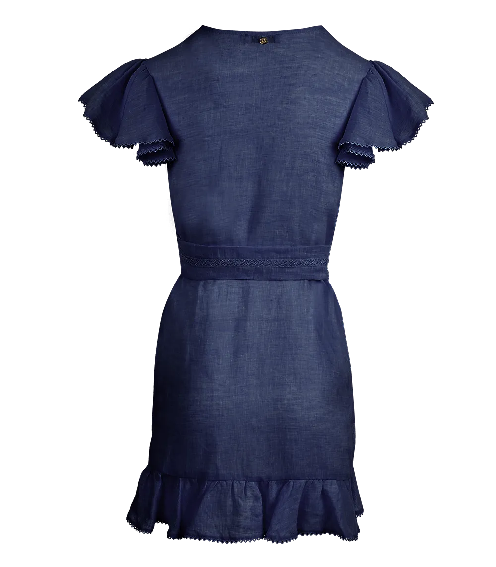 Amalia Lace Linen Mini Wrap Dress Denim