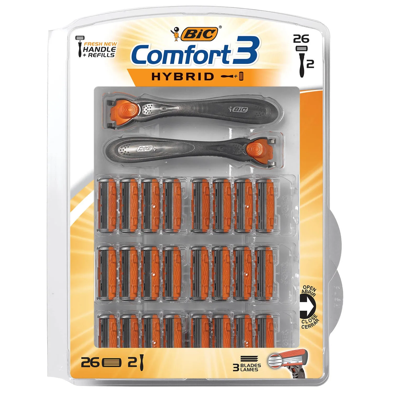 BIC Comfort 3 Hybrid Men's Disposable Razor 2 Handles   26 Refill Cartridges