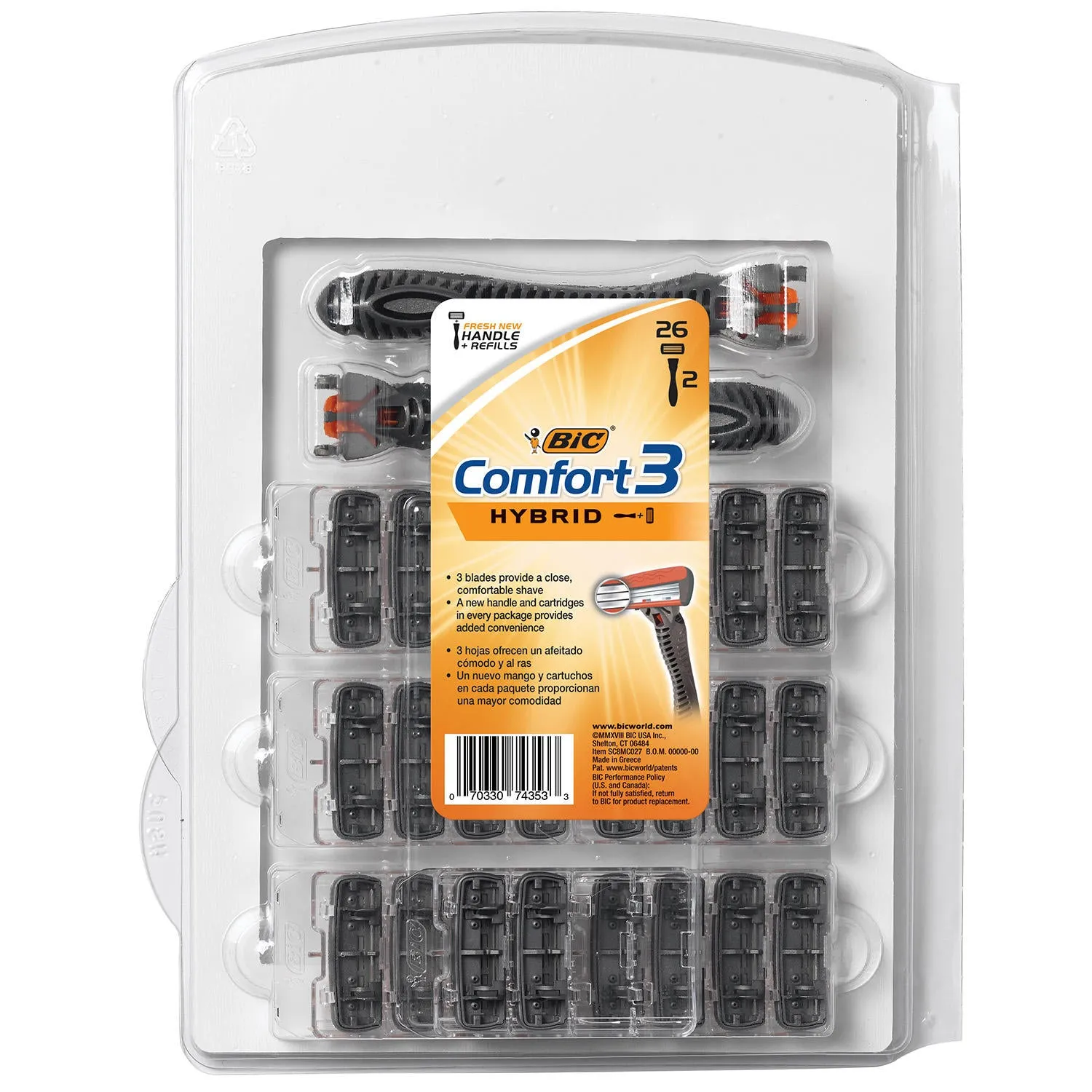 BIC Comfort 3 Hybrid Men's Disposable Razor 2 Handles   26 Refill Cartridges