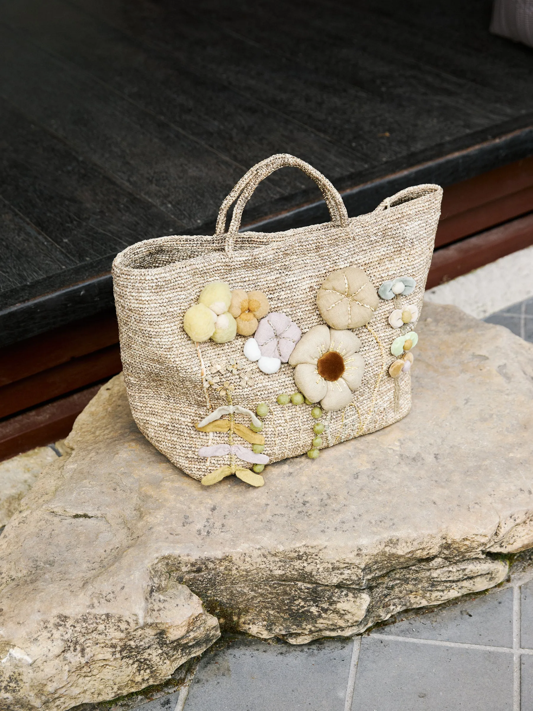 Crocheted Raffia Basket with Appliqué Flowers