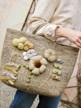 Crocheted Raffia Basket with Appliqué Flowers