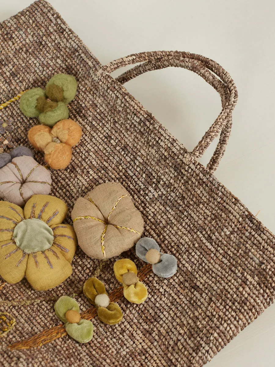 Crocheted Raffia Basket with Appliqué Flowers