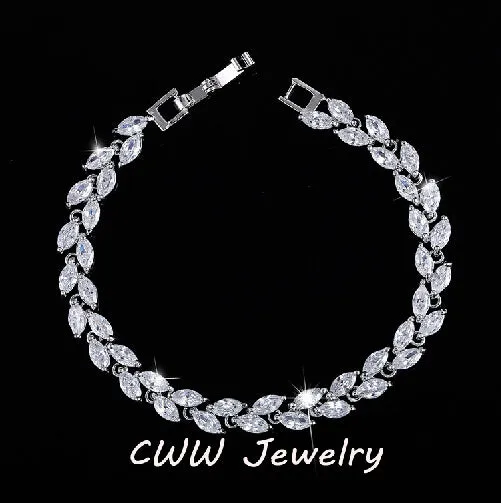 CWWZircons New Trendy 2017 Unique Zirconia Jewelry Silver Color Leaf Charm CZ Crystal Female Bracelets Bangles For Women CB060