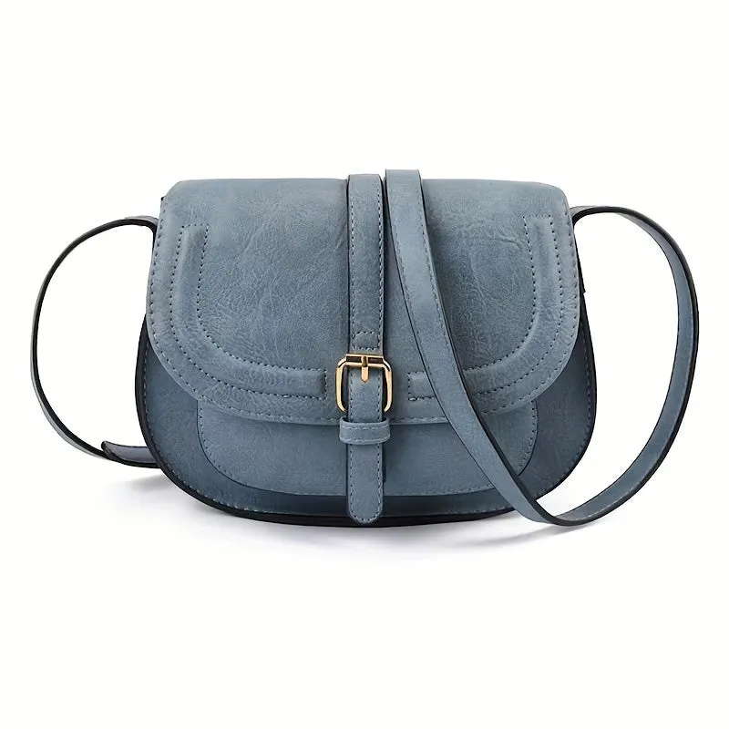 Fashionable Mini Retro Solid Color Half Round Saddle Crossbody Handbag & Flap Purse for Women