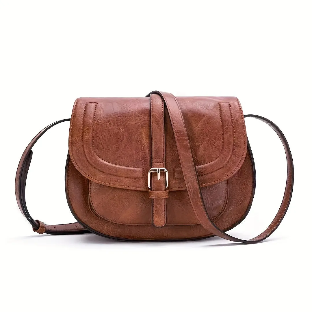 Fashionable Mini Retro Solid Color Half Round Saddle Crossbody Handbag & Flap Purse for Women