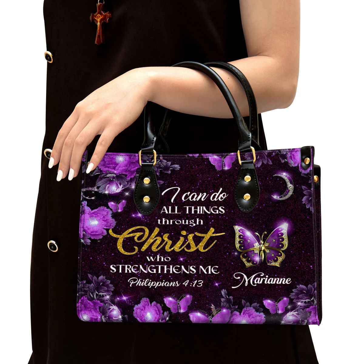 I Can Do All Things Through Christ Personalized Purple Leather Handbag - Gifts For Religious Women