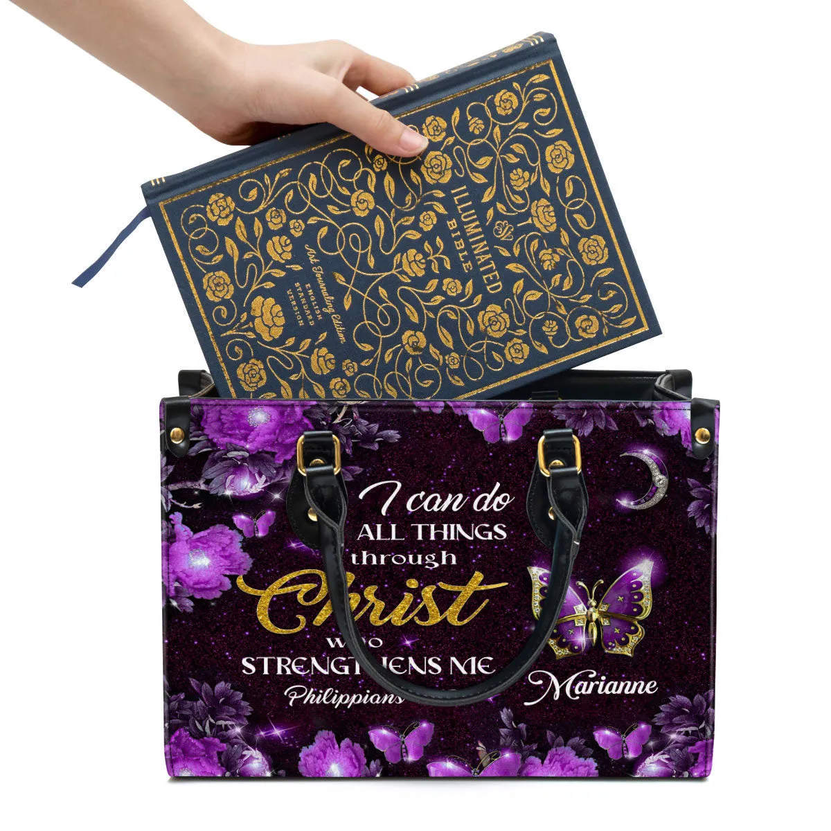 I Can Do All Things Through Christ Personalized Purple Leather Handbag - Gifts For Religious Women