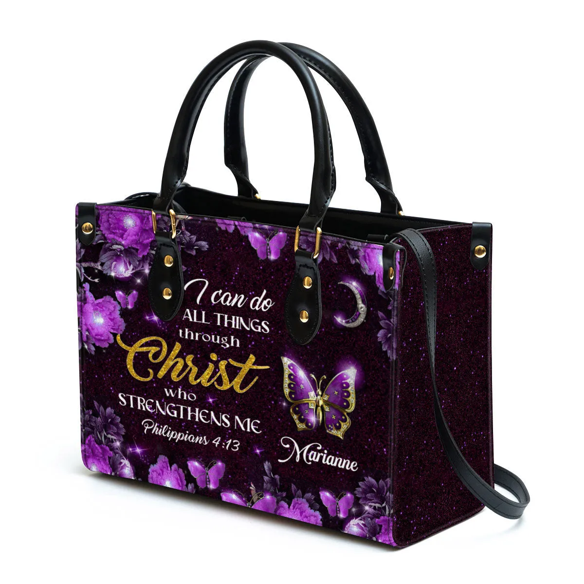 I Can Do All Things Through Christ Personalized Purple Leather Handbag - Gifts For Religious Women