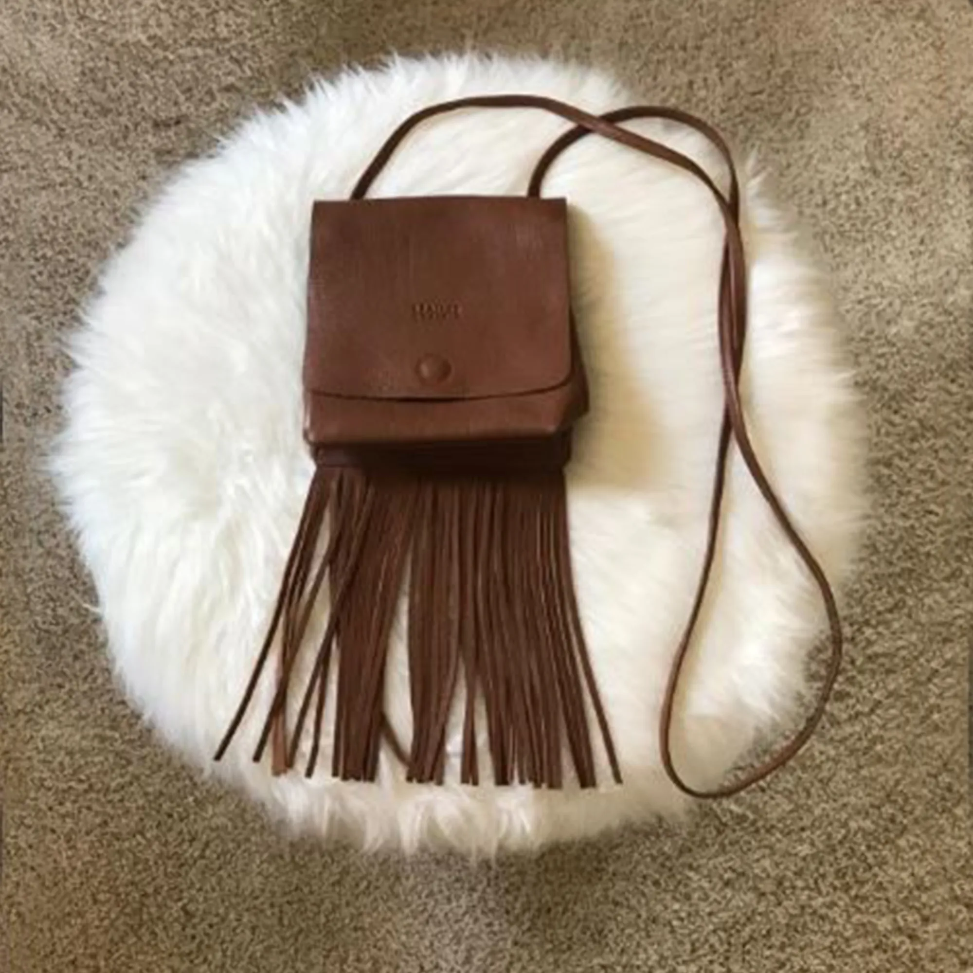 Leather Fringe Boho Crossbody Bag with Tassel for Women (Small, Brown)