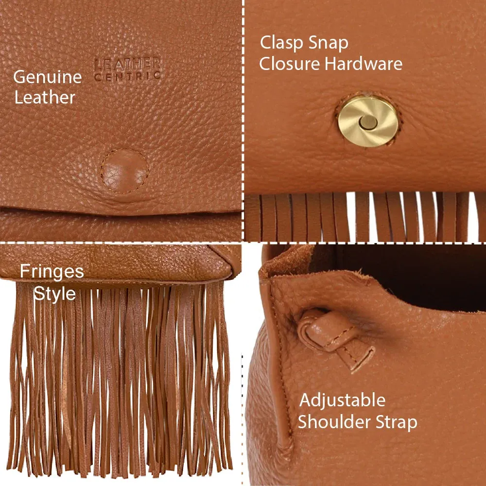 Leather Fringe Boho Crossbody Bag with Tassel for Women (Small, Brown)