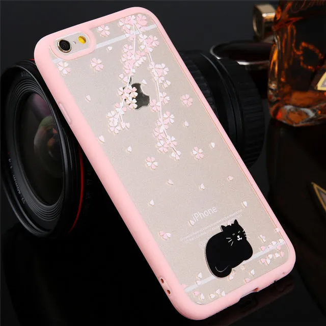 Lovebay Phone Case For iPhone 6 6s Plus Cartoon Cat Cherry Tree Pattern Hard Transparent Flowers For iPhone 6 6s Plus Back Cover