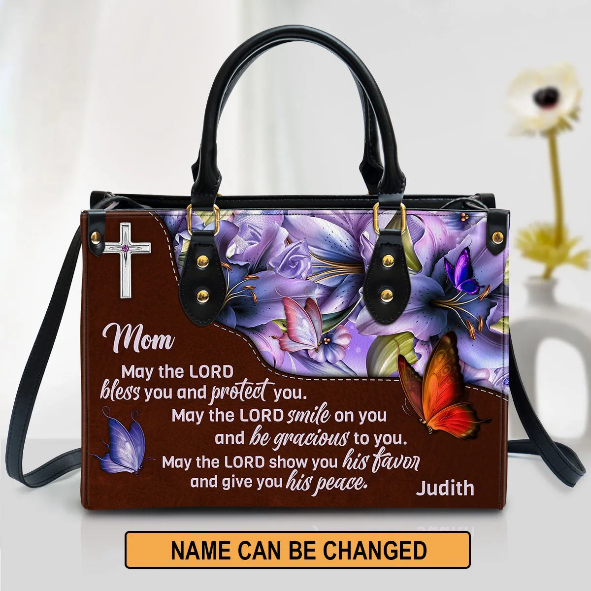 May The Lord Bless You And Protect You Leather Bag - Custom Name Leather Handbag For Mom - Christian Gifts For Women