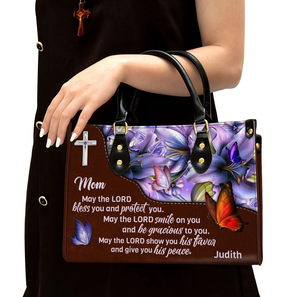 May The Lord Bless You And Protect You Leather Bag - Custom Name Leather Handbag For Mom - Christian Gifts For Women