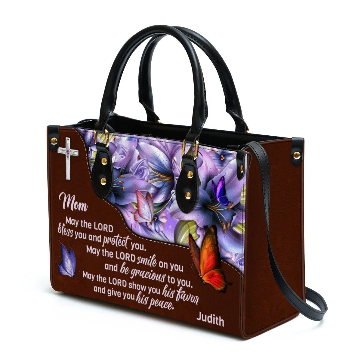 May The Lord Bless You And Protect You Leather Bag - Custom Name Leather Handbag For Mom - Christian Gifts For Women