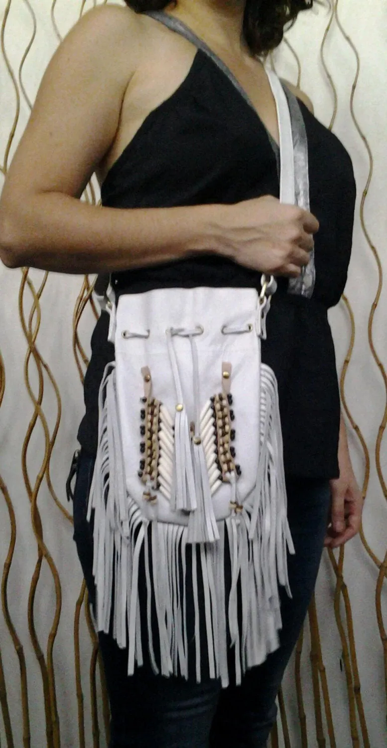 N45P- White Indian leather Handbag, Native American Style bag. Crossbody bag