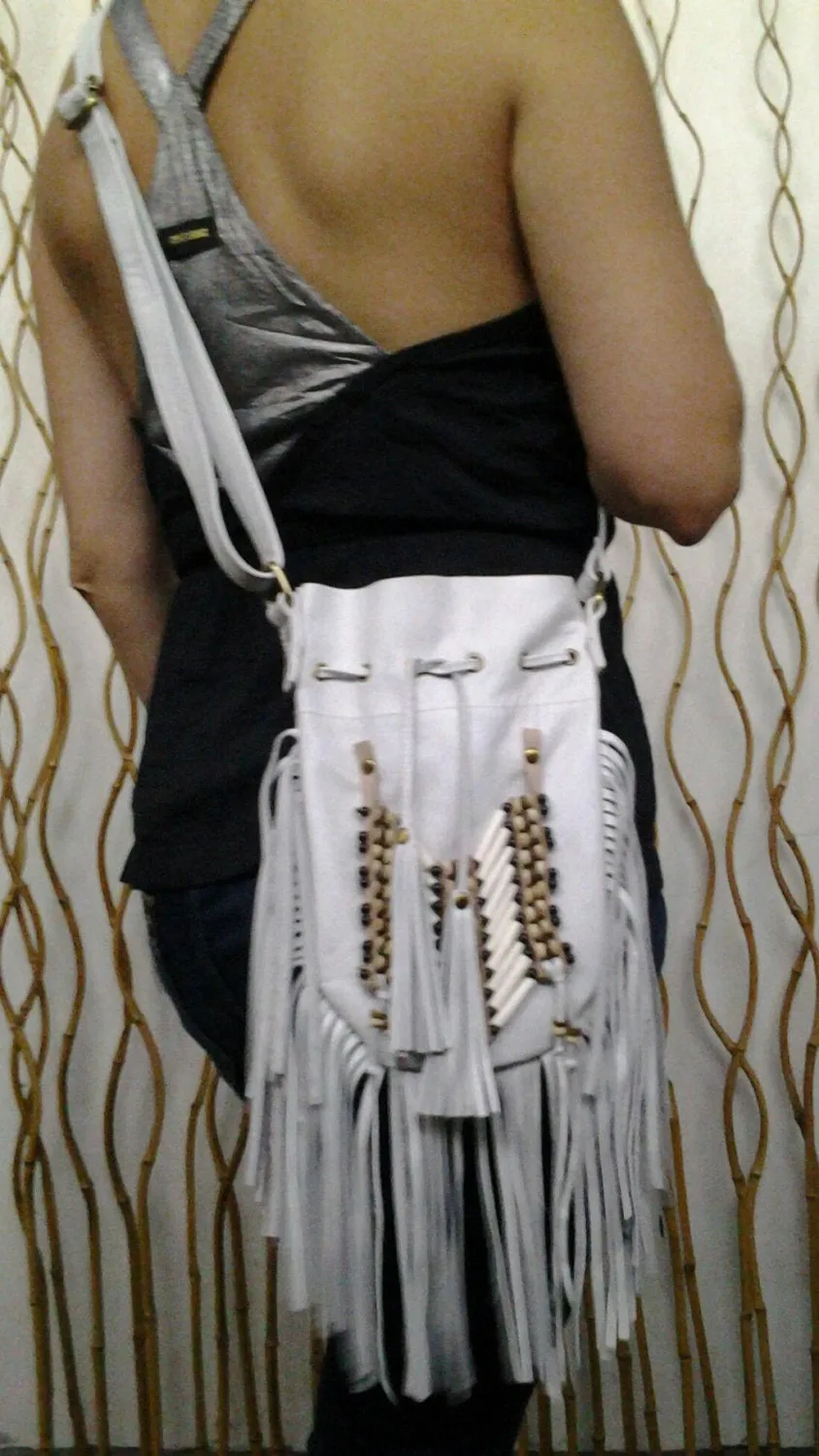 N45P- White Indian leather Handbag, Native American Style bag. Crossbody bag