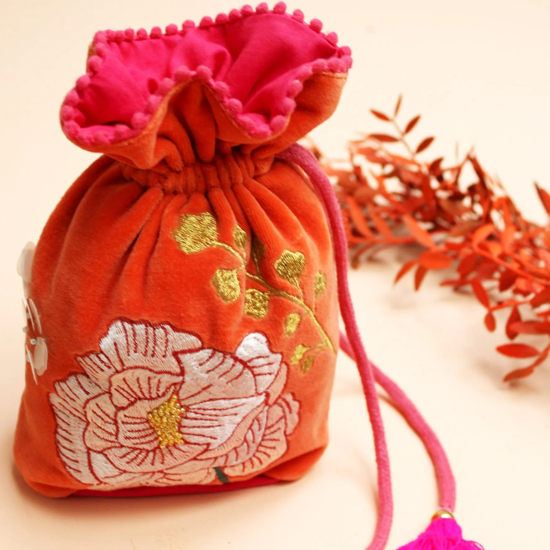 Posy Orange Drawstring Pouch Bag