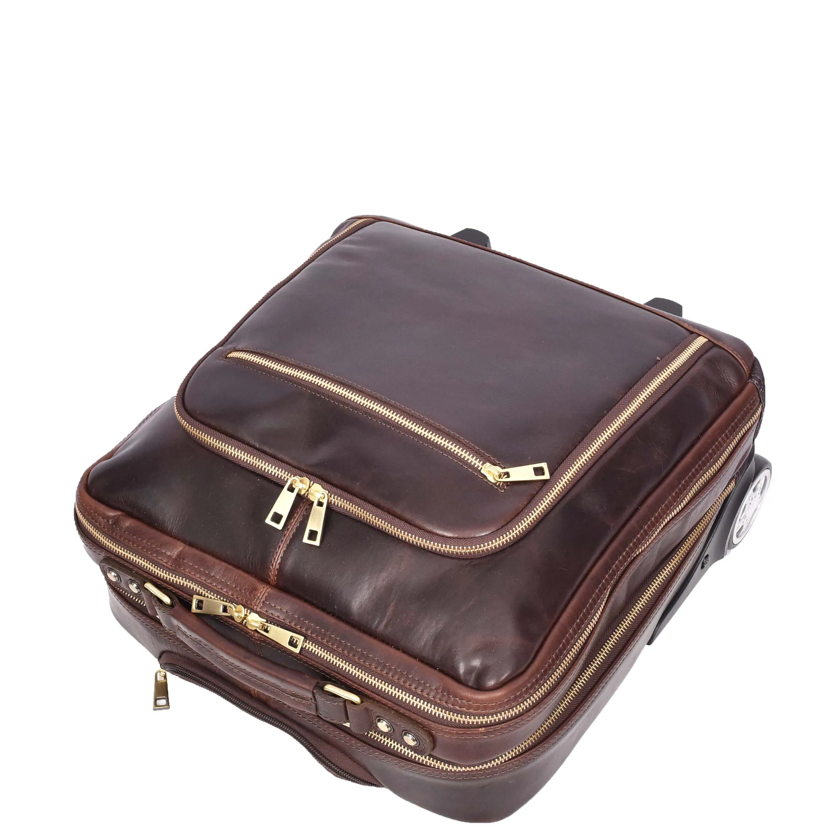 Premium Leather Pilot Case Wheeled Briefcase Business Travel Laptop Bag Multi Zip Pockets A51 Brown