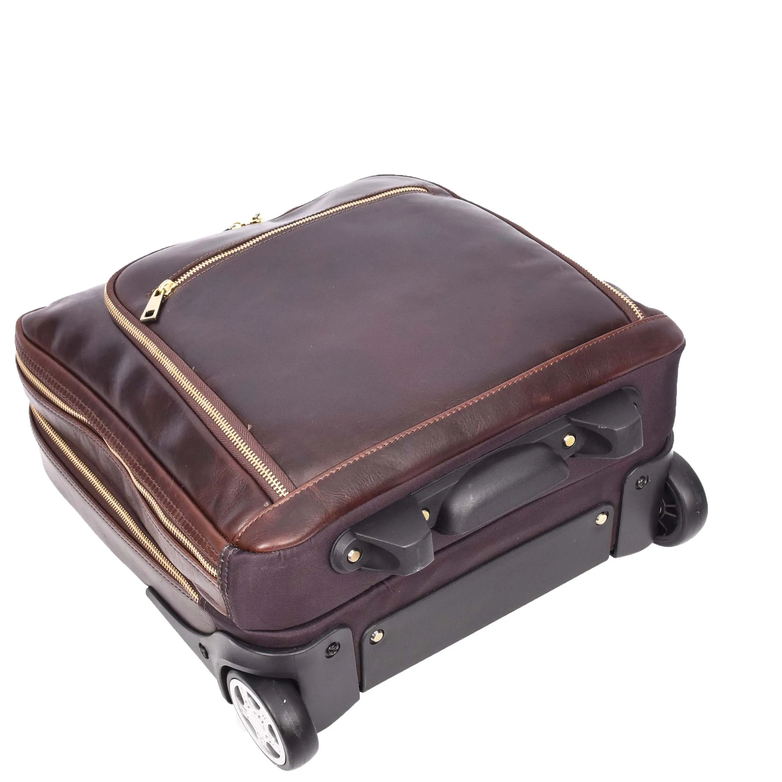 Premium Leather Pilot Case Wheeled Briefcase Business Travel Laptop Bag Multi Zip Pockets A51 Brown