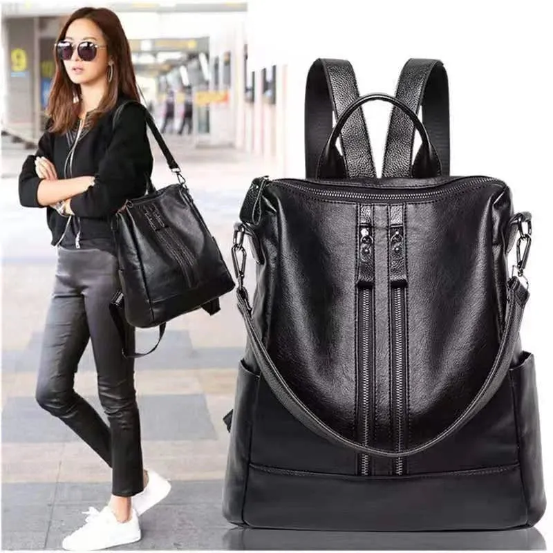 Sohiwoo Soft Leather Backpack For Women New Korean Version Large Capacity College Style Backpack Mommy Bag Fashion Versatile Women's Bag