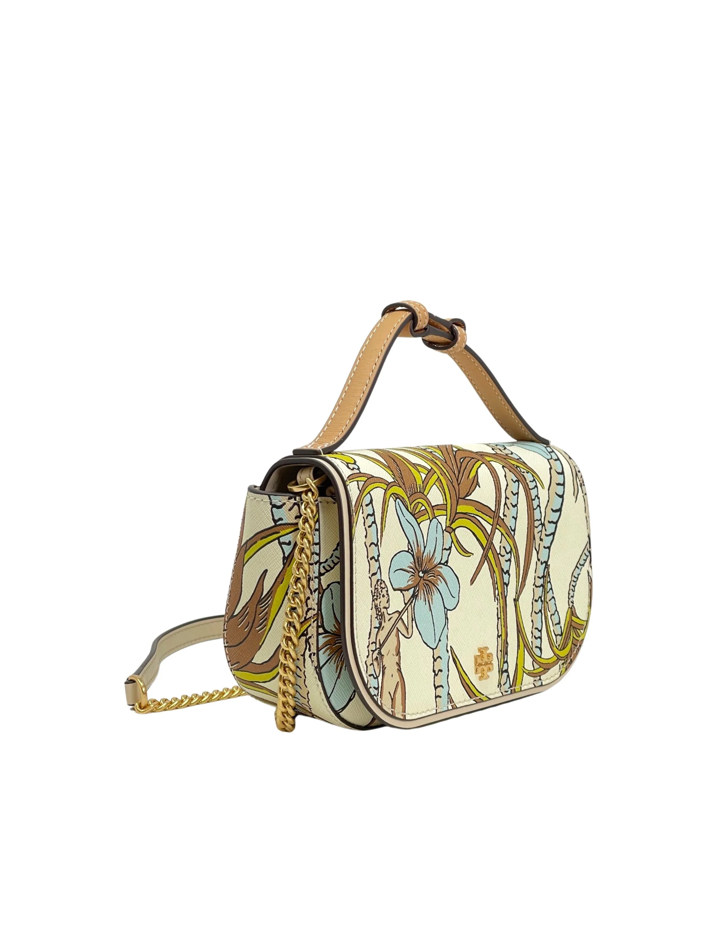 Tory Burch Cream Brown Climbing Palms Emerson Printed Top Handle Crossbody