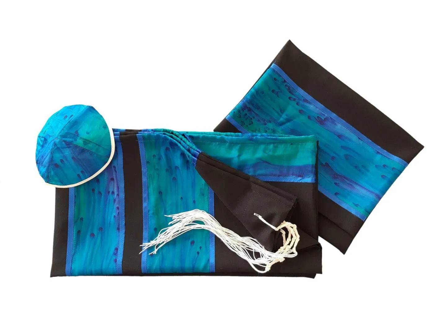 Turquoise and Blue Hand Painted Silk Stripes Black Tallit for Women, Bat Mitzvah Tallit, Girls Tallit, Tzitzit