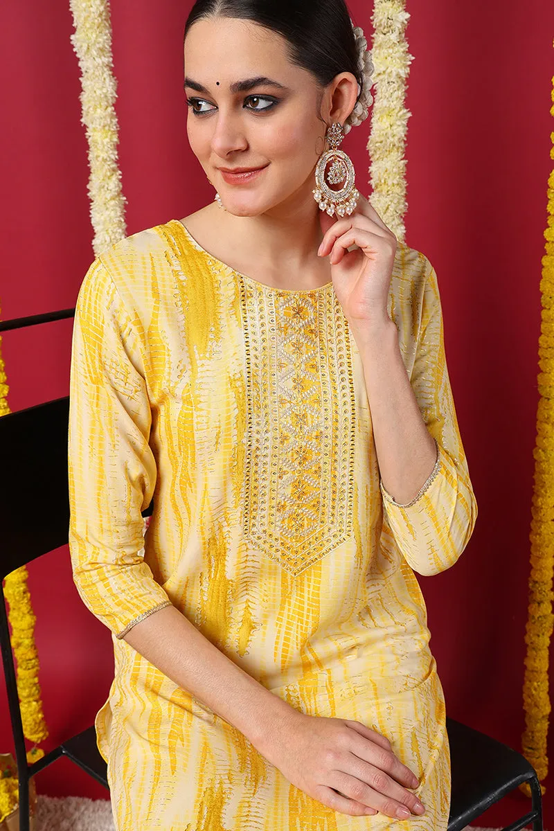 Yellow Viscose Rayon Abstract Printed Straight Kurta