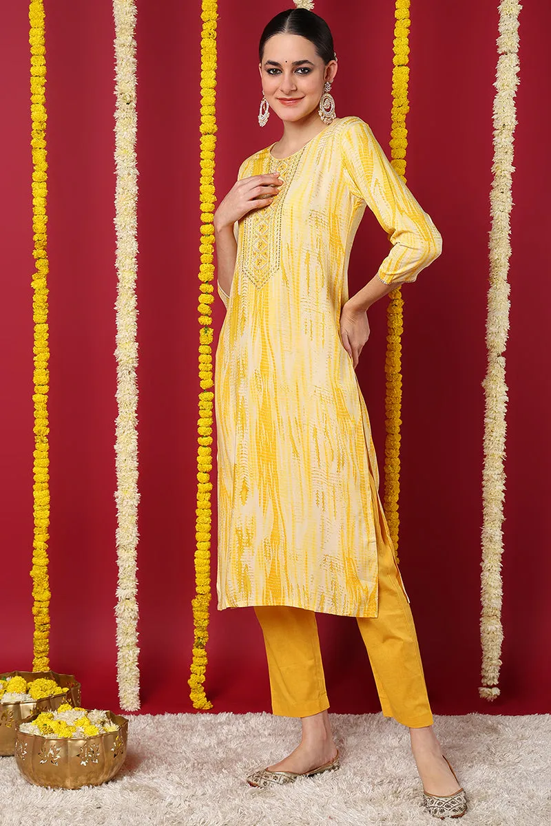 Yellow Viscose Rayon Abstract Printed Straight Kurta