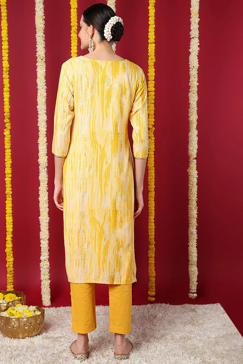 Yellow Viscose Rayon Abstract Printed Straight Kurta