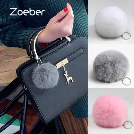 Zoeber New Artificial Rabbit Fur Ball Keychain Cute Pompom Key Ring Lovely Fluffy Fur Rabbit Ear Pendant Keychain Rings women